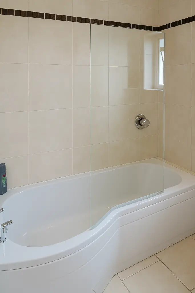 Gleaming bathroom with polished tiles, clean fixtures, and bright lighting
