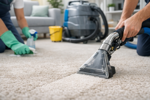 Professional carpet cleaning in Dundalk using industrial extraction machine on light beige carpet
