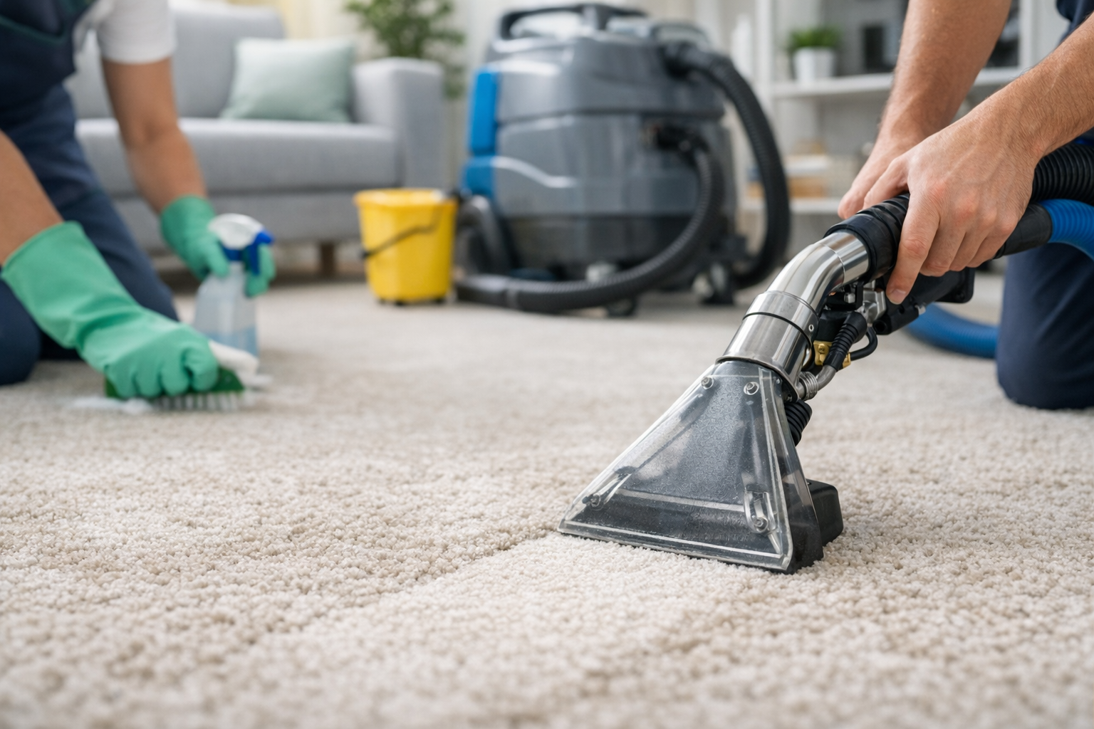 Professional carpet cleaning in Dundalk using industrial extraction machine on light beige carpet