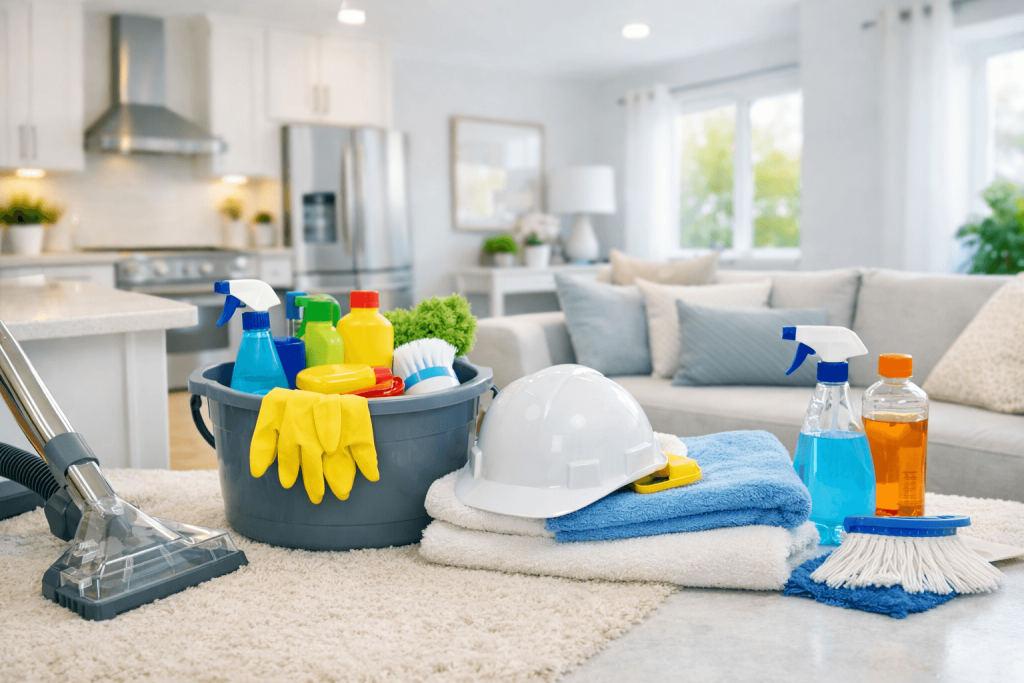 Professional cleaning supplies neatly arranged on a clean carpet in a bright modern home interior, representing Eco Cleaning’s specialized services in Dundalk and County Louth
