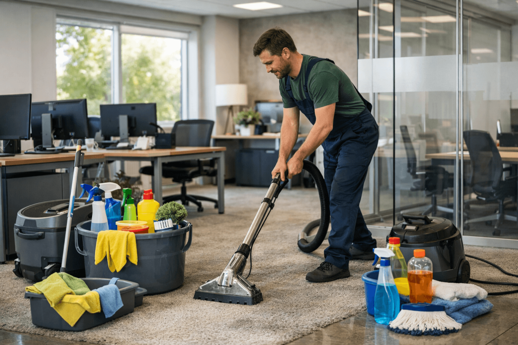 Professional cleaner working in a modern office in Dundalk, County Louth, representing Eco Cleaning’s reliable commercial cleaning services