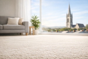 Bright living room in Dundalk with clean beige carpet and natural sunlight — professional carpet cleaning results by Pro Eco Cleaning.