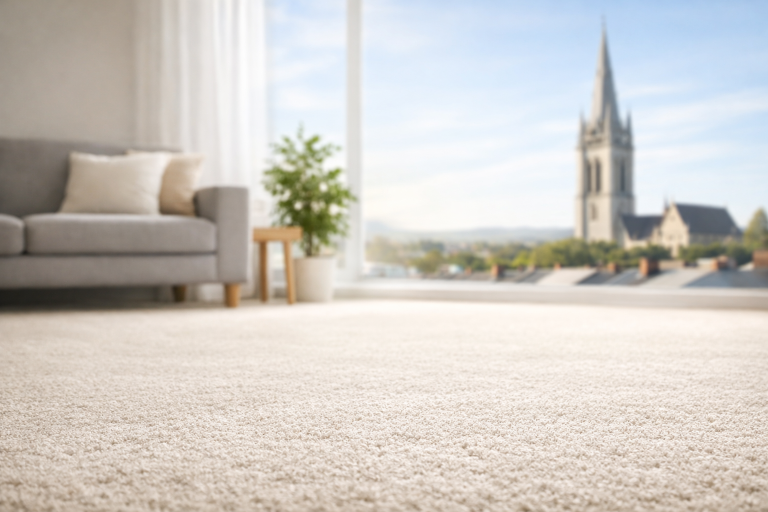 Bright living room in Dundalk with clean beige carpet and natural sunlight — professional carpet cleaning results by Pro Eco Cleaning.